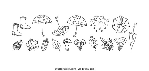 Rain, umbrellas, mushrooms, waterproof shoes. Forest mushrooms, leaves, cloud, acorn. Drawings, linear icons, doodle. Vector illustration on a white isolated background.