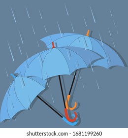 Rain umbrellas. Umbrella with shadow. Vector illustration of rain on a gray background with a drop of water drops. Meteorology, safety, seasonal weather concept.
