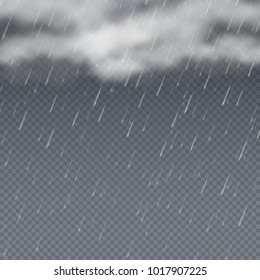 Rain vector 3d illustration with falling water drops and grey storm clouds. Raindrop weather backdrop, rain splash shower