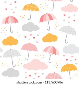 Rain vector pattern. Cute umbrella, cloud, raindrops, hearts. Baby, child seamless print design. 