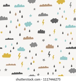 Rain Vector Seamless Pattern With Clouds, Rain Drops, Lightning, Stars. Sky Vector Background In Blue, Yellow, Brown And Black. Hipster Scandinavian Style Print Design.