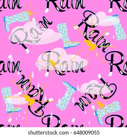 Rain vector Seamless Pattern. Clouds and gums on pink background. Vector Illustration.