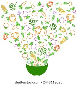 Rain of vegetables. Dish with vegetables. Logo template for a health food store or vegetarian cafe. Healthy lifestyle. Vector illustration