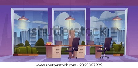 Rain view from city office window vector cartoon background. Nobody in work room interior inside with desk, computer, lamp and chair. Rainy weather outside openspace workplace area illustration
