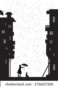 Rain walk with dog in empty city, girl holding the umbrella above the dog, my friend dog, black and white, shadow, vector