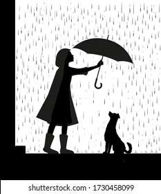 Rain walk with dog, girl holding the umbrella above the dog, my friend dog, black and white, shadow, vector