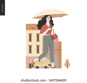 Rain -walking girl -modern flat vector concept illustration of a young brunette woman wearing pants, with umbrella and phone, walking in the rain in the street, in front of city houses and cars.