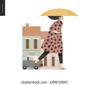 Rain -walking girl -modern flat vector concept illustration of a young brunette woman wearing a coat, with umbrella, walking in the rain in the street, in front of city houses and cars.