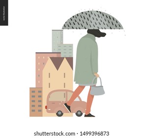 Rain - walking girl -modern flat vector concept illustration of a young woman wearing a coat, with umbrella, walking in the rain in the street, in front of city houses and cars.