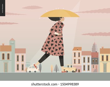 Rain -walking girl -modern flat vector concept illustration of a young brunette woman wearing a coat, with umbrella, walking in the rain in the street, in front of city houses and cars.