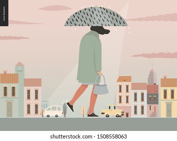 Lluvia - chica caminante - moderna ilustración de un vector plano de una joven usando un abrigo, con paraguas, caminando en la lluvia en la calle, frente a las casas de la ciudad y los autos.