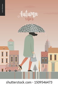 Rain - walking girl -modern flat vector concept illustration of a young woman wearing a coat, with umbrella, walking in the rain in the street, in front of city houses and cars.
