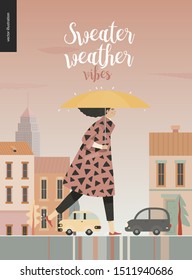 Rain -walking girl -modern flat vector concept illustration of a young brunette woman wearing a coat, with umbrella, walking in the rain in the street, in front of city houses and cars.