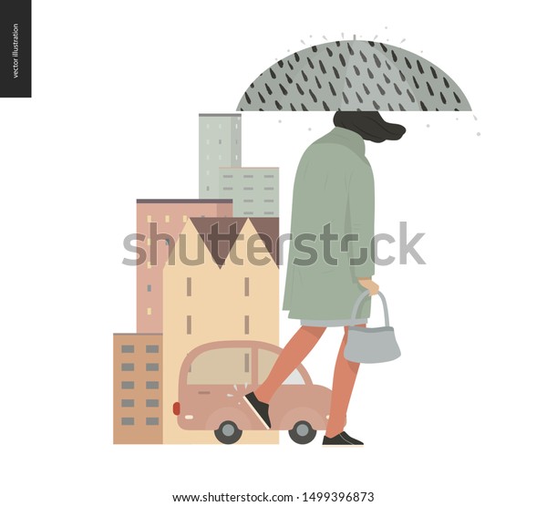Rain - walking\
girl -modern flat vector concept illustration of a young woman\
wearing a coat, with umbrella, walking in the rain in the street,\
in front of city houses and\
cars.