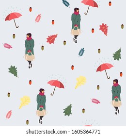 Rain -walking girl seamless pattern -modern flat concept illustration of woman with umbrella, walking or standing in the rain. Autumn illustration.