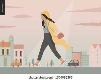 Rain - walking girl wearing raincoat -modern flat vector concept illustration of a young brunette woman in yellow waterproof, walking in the rain in the street, in front of city houses and cars.