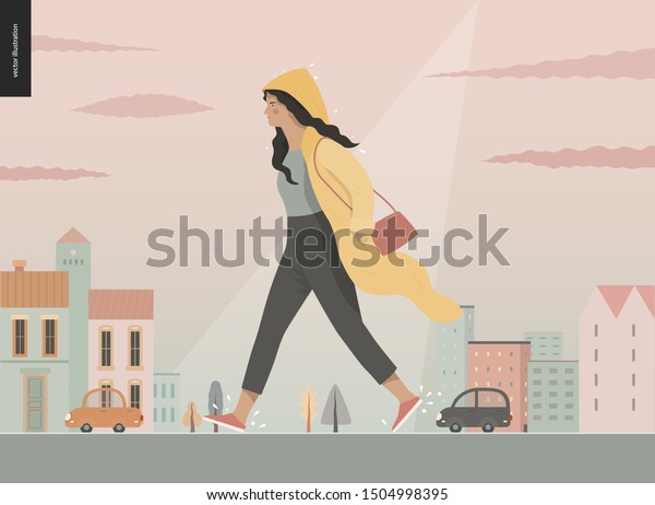 Rain - walking girl wearing raincoat -modern flat\
vector concept illustration of a young brunette woman in yellow\
waterproof, walking in the rain in the street, in front of city\
houses and cars.