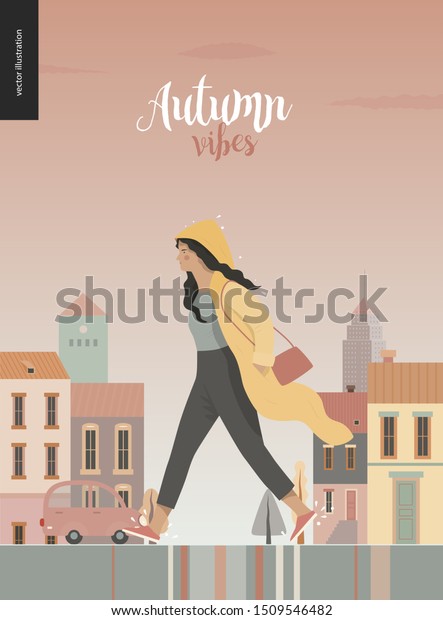 Rain - walking girl wearing raincoat -modern flat\
vector concept illustration of a young brunette woman in yellow\
waterproof, walking in the rain in the street, in front of city\
houses and cars.
