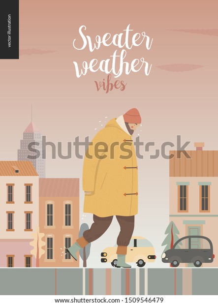 Rain - walking man -modern flat vector concept\
illustration of a an adult bearded man wearing a coat, a wool cap\
and boots, walking under the rain in the street, in front of city\
houses and cars.