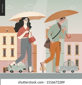 Rain -walking people -modern flat vector concept illustration of people with umbrella, walking or standing in the rain in the street, city houses and cars.