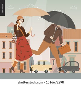 Rain -walking people -modern flat vector concept illustration of people with umbrella, walking or standing in the rain in the street, city houses and cars.