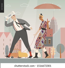 Rain -walking people -modern flat vector concept illustration of people with umbrella, walking or standing in the rain in the street, city houses and cars.