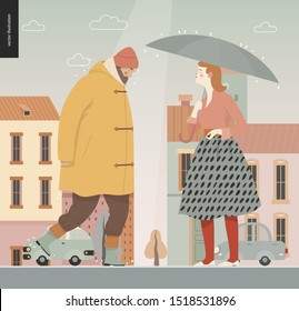 Rain -walking people -modern flat vector concept illustration of people with umbrella, walking or standing in the rain in the street, city houses and cars.