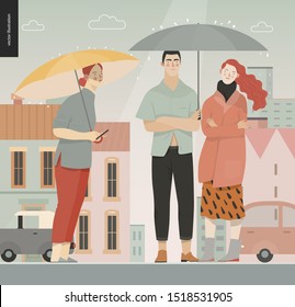 Rain -walking people -modern flat vector concept illustration of people with umbrella, walking or standing in the rain in the street, city houses and cars.