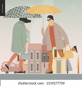 Regenwandler - moderne flache Vektorgrafik von Menschen mit Regenschirm, die auf der Straße spazieren oder stehen, Stadthäuser und Autos.