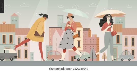 Rain -walking people -modern flat vector concept illustration of people with umbrella, walking or standing in the rain in the street, city houses and cars.