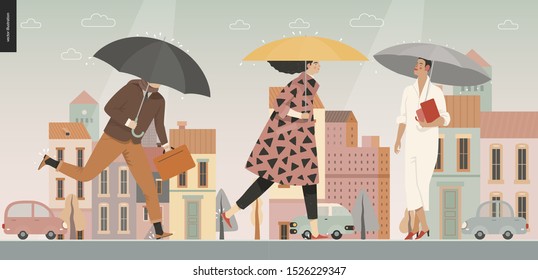 Rain -walking people -modern flat vector concept illustration of people with umbrella, walking or standing in the rain in the street, city houses and cars.