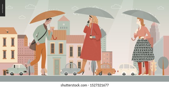 Rain -walking people -modern flat vector concept illustration of people with umbrella, walking or standing in the rain in the street, city houses and cars.