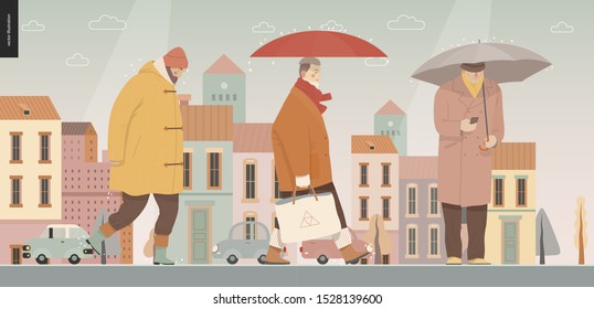 Rain -walking people -modern flat vector concept illustration of people with umbrella, walking or standing in the rain in the street, city houses and cars.