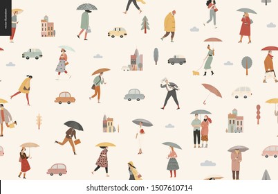 Rain -walking people seamless pattern -modern flat vector concept illustration of people with umbrella, walking or standing in the rain in the street, city houses and cars.
