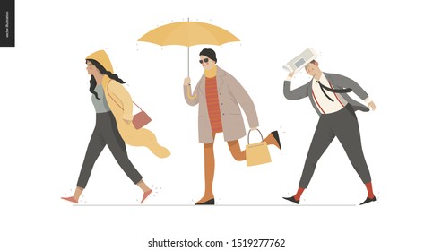 Rain - walking people set - modern flat vector concept illustration of people with umbrella, walking or standing in the rain in the street
