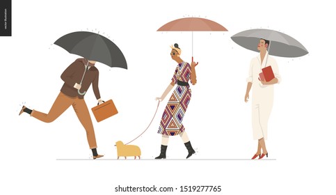 Rain - walking people set - modern flat vector concept illustration of people with umbrella, walking or standing in the rain in the street
