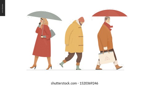 Rain - walking people set - modern flat vector concept illustration of people with umbrella, walking or standing in the rain in the street