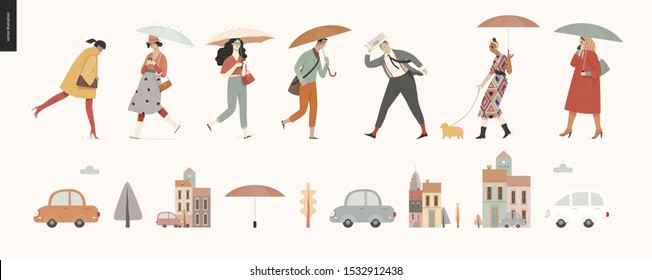 Rain - walking people set -modern flat vector concept illustration of people with umbrella, walking or standing in the rain in the street, city houses and cars.