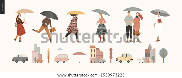 雨 歩く人々は 現代的な平らなベクター画像のコンセプトイラストをセットしました 傘を持つ人々 通り 市の家 車で 雨の中を歩く人々 立つ人々の イラストです のベクター画像素材 ロイヤリティフリー
