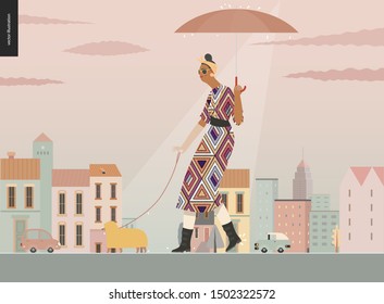 Rain -walking woman with a dog -modern flat vector concept illustration of a woman with umbrella, walking in the rain in the street with a dog wearing raincoat, city houses and cars.