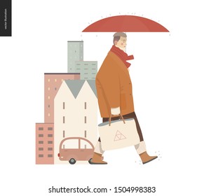 Rain -walking woman -modern flat vector concept illustration of adult woman wearing big coat and scarf, with umbrella and tote bag, standing in the rain in the street, in front of city houses and cars