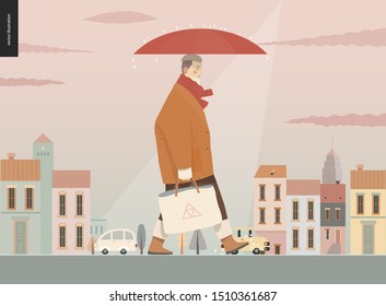 Rain -walking woman -modern flat vector concept illustration of adult woman wearing big coat and scarf, with umbrella and tote bag, standing in the rain in the street, in front of city houses and cars