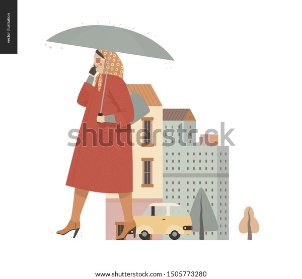 Rain -walking woman -modern flat vector concept
illustration, woman wearing coat, kerchief and sunglasses, with
umbrella and phone, standing in the rain in the street, in front of
city houses and cars