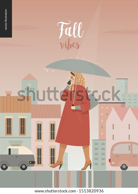 Rain -walking woman -modern flat vector concept\
illustration, woman wearing coat, kerchief and sunglasses, with\
umbrella and phone, standing in the rain in the street, in front of\
city houses and cars