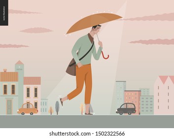 Rain - walking young man -modern flat vector concept illustration of a young man holding an umbrella, walking under the rain in the street, in front of city houses and cars.