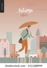 Rain - walking young man -modern flat vector concept illustration of a young man holding an umbrella, walking under the rain in the street, in front of city houses and cars.