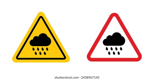 Rain warning sign. heavy rain cloud alert triangle sign in yellow color. storm caution vector symbol.