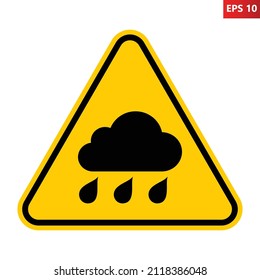 Rain Warning Sign. Vector Illustration Of Yellow Triangle Sign With Rain Cloud Icon Inside. Risk Of Heavy Rain And Crash Accident. Caution Wet And Slippery Road. Skid Symbol.