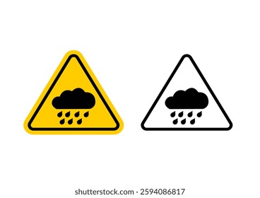 Rain warning sign. Vector illustration of yellow triangle sign with rain cloud icon inside. Risk of heavy rain and crash accident. Caution wet and slippery road. Skid symbol.