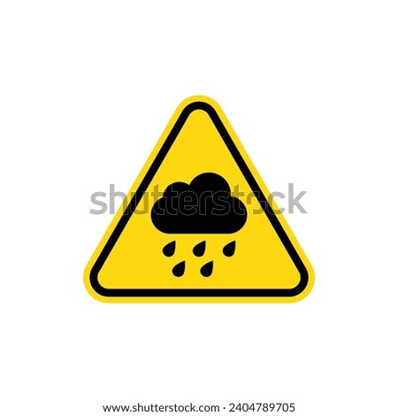 Rain warning sign. Yellow triangle sign with rain cloud icon inside. Risk of heavy rain and crash accidents.  Caution wet and slippery road. Danger of flooding.